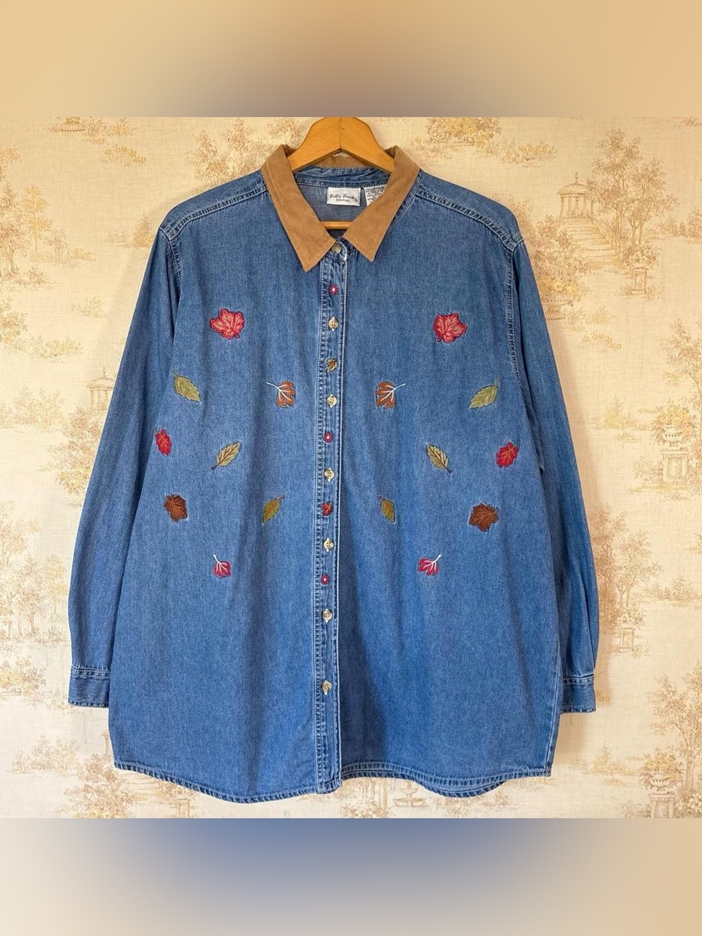Vintage 90s Fall Embroidered Leaf Cabincore Denim Button Up Shirt